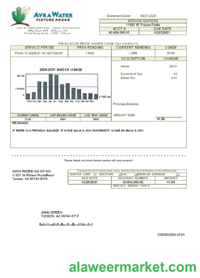 USA Arizona Avra Water utility bill template in Word and PDF format